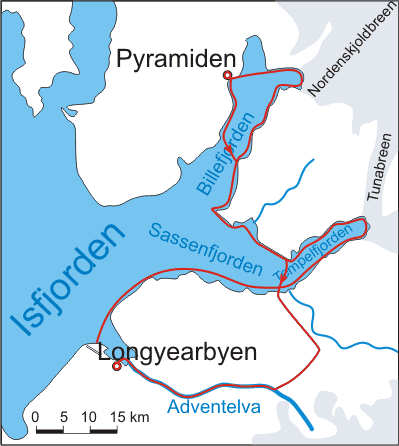 Plánovaná trasa výpravy Svalbard IV